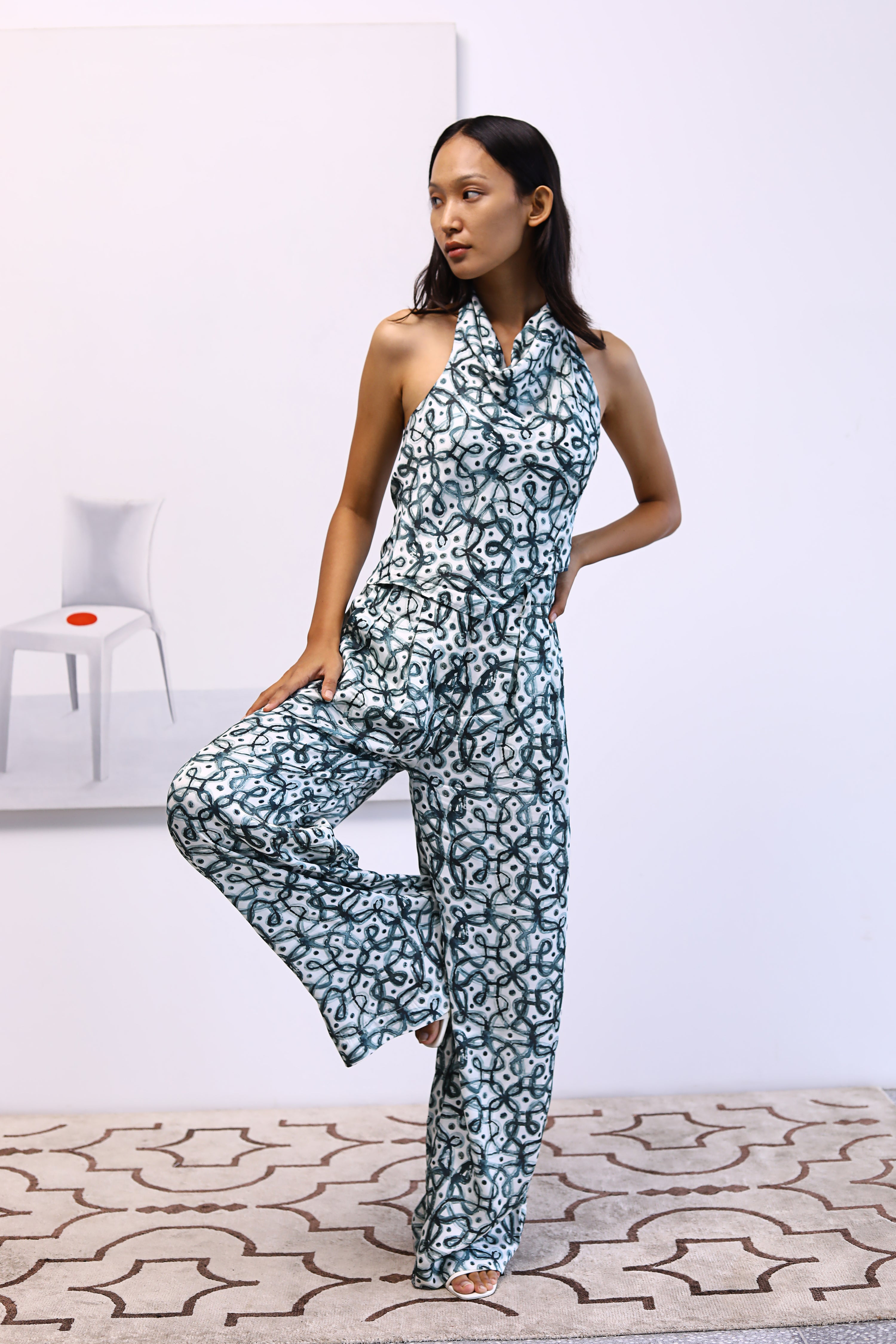 Water-colour Kolam Draped Top & Bollywood Pants Co-ord Set
