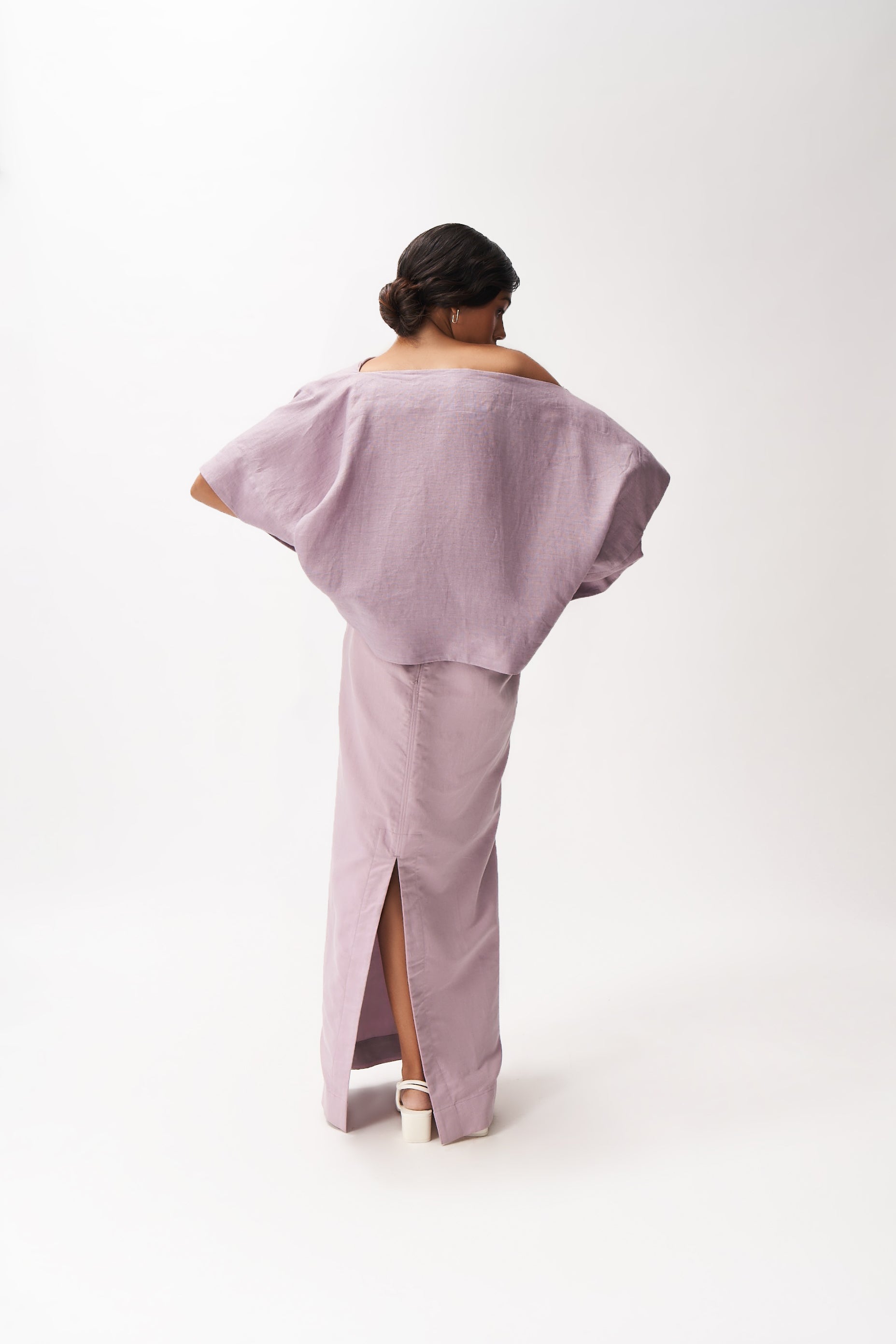 Linen Off-shoulder Top + Slit skirt