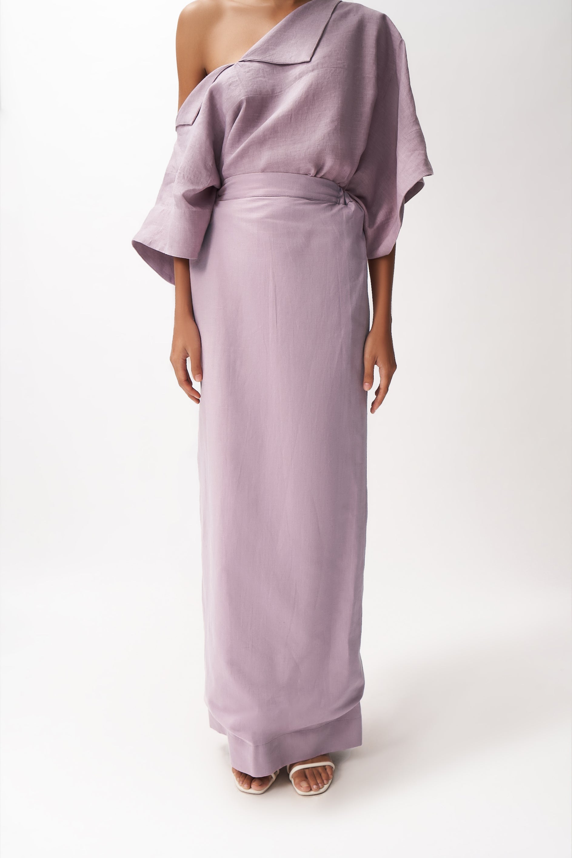Linen Off-shoulder Top + Slit skirt