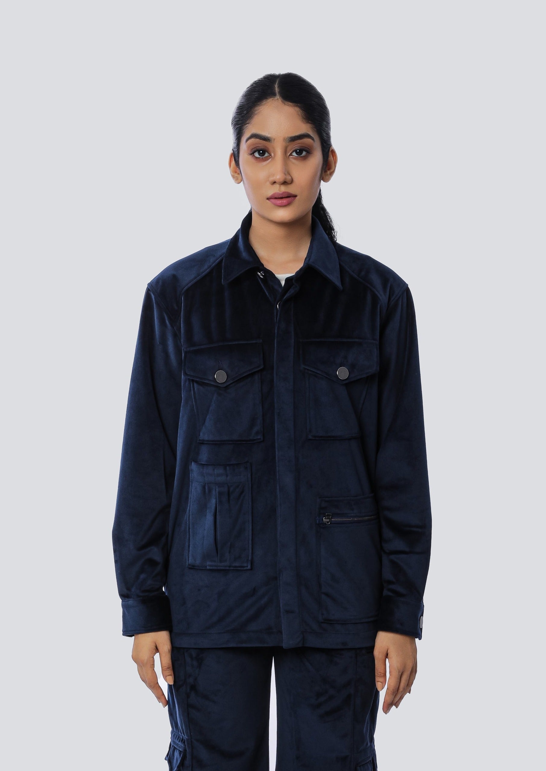 Velvet Military Shacket + Workwear Trousers