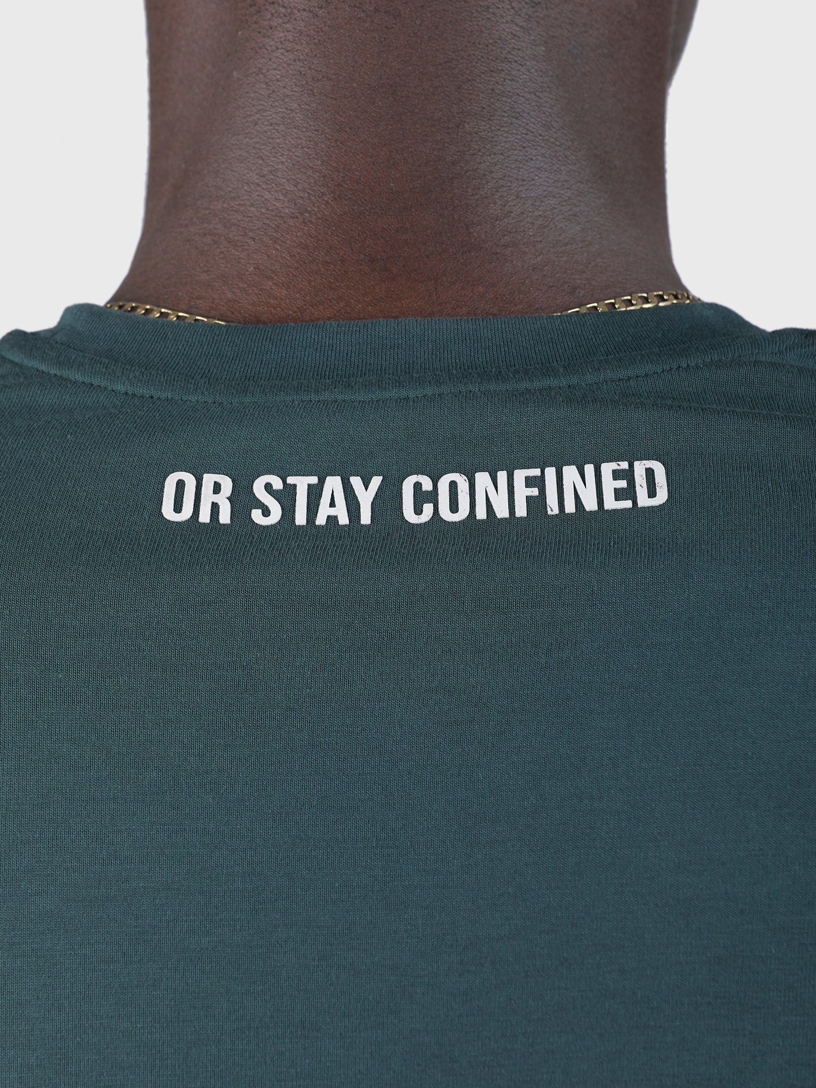 STAY CONFINED EMBROIDERED PRINTED TEE
